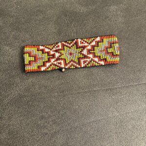 Handmade Beaded Bracelet With Geometric Star Pattern In Red Green & White  Adjus